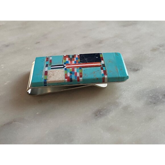 NEW Turquoise Multicolored Stone Inlay Design Money Clip - Picture 2 of 4